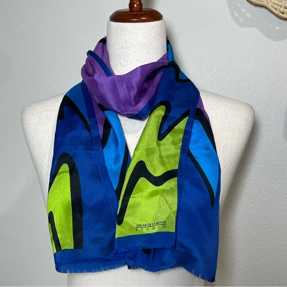Vintage Oscar de la Renta Studio Silk Scarf Wave Pattern Green Blue Purple